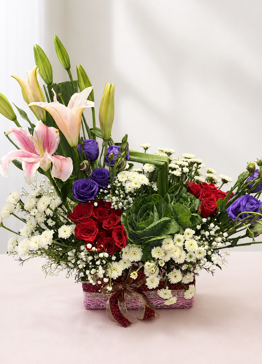 Pink lily, red rose and purple lisianthus luxury flower basket by James Flowers Mumbai